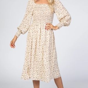 Cream Floral Smocked Bubble Sleeve Midi Dress